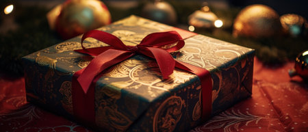 Elegant patterned gift box with red bow, accompanied by Christmas on background. AI generative.の素材