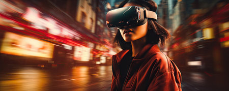 Girl engrossed in VR, contrasting calm demeanor with a vibrant virtual cityscape of skyscrapers and lights. AI generative.の素材