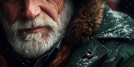 Weathered face of an elderly man in winter attire, set against a snowy, isolated background. AI generative.の素材
