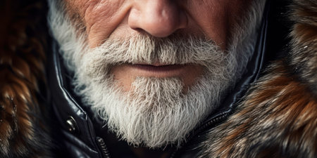 Weathered face of an elderly man in winter attire, set against a snowy, isolated background. AI generative.の素材