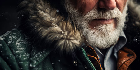 Weathered face of an elderly man in winter attire, set against a snowy, isolated background. AI generative.の素材