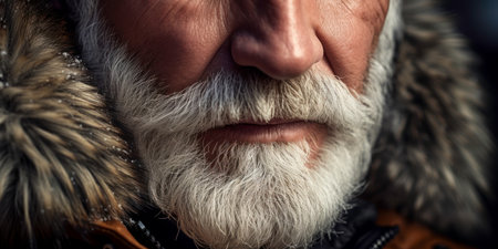 Weathered face of an elderly man in winter attire, set against a snowy, isolated background. AI generative.の素材