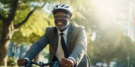Stylish African American man on bicycle in city, with a sense of purpose and sophistication. AI generative.の素材