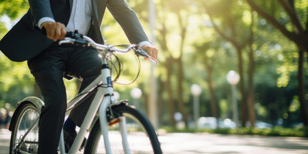 Smartly dressed man on bicycle, vibrant outdoors, sunny weather, lush environment, focus and determination. AI generative.の素材