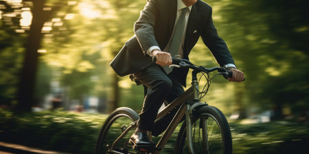 Man on bike in city, casual attire, bustling urban scene, maneuver confident, street energy. AI generative.の素材