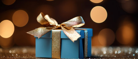 Striking blue box amidst shimmering gold, symbolizing celebration and special occasions. AI generative.の素材