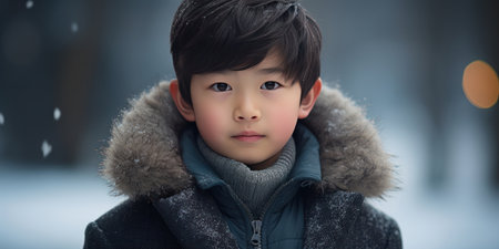 Close-up of a young Asian boy in winter attire, showing his eyes and a cozy scarf. AI generative.の素材