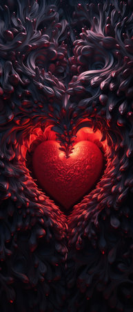 Centered red heart in darkness, capturing the essence of love and passion in a powerful visual. AI generative.の素材