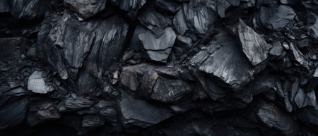 Close-up of a dark, heavy heap of varied coal, highlighting intricate details and rough edges. AI generative.の素材