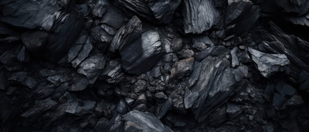 Eerie cave with flickering flame, highlighting coal formations and dark crevices. AI generative.の素材