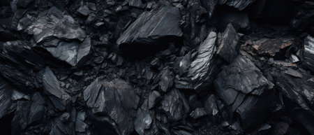 Close-up of a dark, heavy heap of varied coal, highlighting intricate details and rough edges. AI generative.の素材
