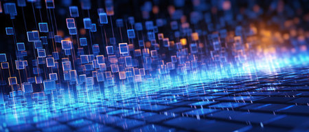 The vivid blue hues and blurred optic cables create a sense of high-speed information flow, perfect for tech-related concepts.の素材