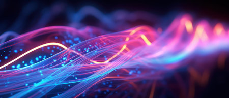 Experience the vibrant world of morphism with this fluorescent abstract wave. Its dynamic design and bright colors make it a futuristic backdrop for digital projects.の素材