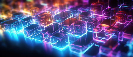 Morphism fluorescent elements and futuristic concept create a cybernetic atmosphere, perfect for tech-related projects.の素材