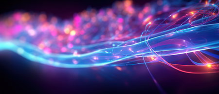 Experience the vibrant world of morphism with this fluorescent abstract wave. Its dynamic design and bright colors make it a futuristic backdrop for digital projects.の素材