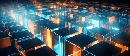 A fusion of science and art, this abstract composition combines geometric shapes and fluorescent elements to depict a digital realm. The futuristic patterns hint at a world of data and connectivity.の素材