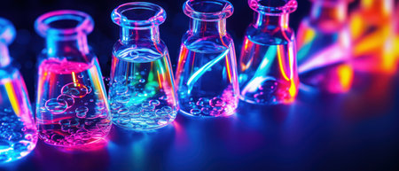 Step into the world of cutting-edge biotechnology with this vibrant laboratory scene. The bright flashes of light and glass equipment symbolize innovation and scientific discovery.の素材
