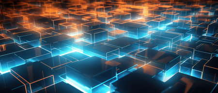 A fusion of science and art, this abstract composition combines geometric shapes and fluorescent elements to depict a digital realm. The futuristic patterns hint at a world of data and connectivity.の素材