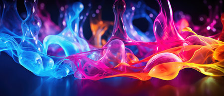 A mesmerizing abstract composition featuring fluorescent waves of blue, red, and purple colors. This dynamic design evokes the feeling of a magical explosion of creativity and imaginationの素材