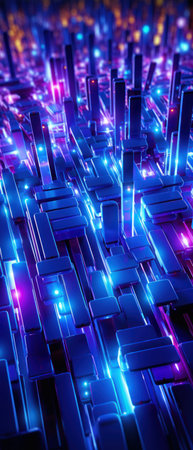 A visually striking vertical background with an intricate pattern of lines and lights, depicting a high-tech, digital world. For conveying ideas in computer engineering, artificial intelligence, and global network communications.の素材