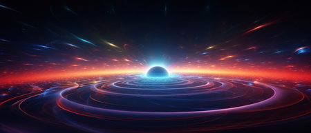 3D illustration of a nebula in the universe, showing a vibrant blue and black cosmic background. Perfect for conveying the mystery and infinity of space in designs or educational materials.の素材