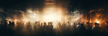 Energetic crowd at a live music concert, with people dancing and raising their hands in joy. The stage is lit with vibrant lights and smoke, capturing the essence of a lively festival or nightclub event.の素材