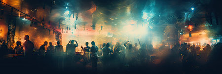 Energetic crowd at a live music concert, with people dancing and raising their hands in joy. The stage is lit with vibrant lights and smoke, capturing the essence of a lively festival or nightclub event.の素材