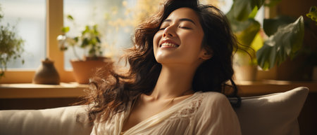 Portrait of an attractive Asian lady enjoying a day off at home, lounging in bed with a calm, content expression. The morning light adds a fresh, serene quality to the scene, ideal for lifestyle or wellness concepts.の素材