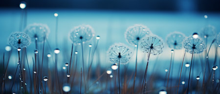 Stunning close-up of a wildflower in a sunny meadow, with a blurred background of sky and sunlight. The photo captures the essence of summer and spring, highlighting the floral beauty and the bright, fluffy texture of pollen in the air.の素材
