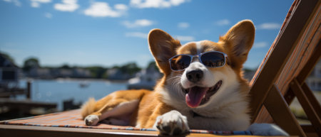 Adorable and funny Corgi resting in a sunny spot, with its tongue out and eyes full of happiness. The background highlights the dog's playful and friendly nature, making it a perfect representation of canine companionship and domestic bliss.の素材