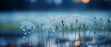 Stunning close-up of a wildflower in a sunny meadow, with a blurred background of sky and sunlight. The photo captures the essence of summer and spring, highlighting the floral beauty and the bright, fluffy texture of pollen in the air.の素材