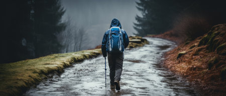 Photo capturing the essence of a solitary winter adventure, featuring a lone hiker walking through a foggy, forested trail. The image conveys a sense of peace and introspection amidst the quiet beauty of a misty, wooded landscape.の素材