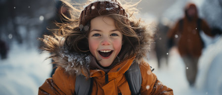 Portrait of a cheerful, little girl dressed in a warm winter coat and hat, laughing amidst a snowfall. The image conveys the pure joy and excitement of a child experiencing the magic of a snowy Christmas season outdoors.の素材