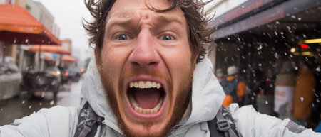 Close-up of a joyful man with snowflakes on his beard, expressing excitement in a snowy city street.の素材