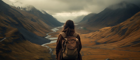 Hiker with backpack admires the sweeping views of a mountainous valley bathed in golden light.の素材