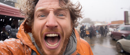 Close-up of a joyful man with snowflakes on his beard, expressing excitement in a snowy city street.の素材