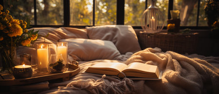 A snug reading corner featuring an open book, lantern light, and a soft blanket, perfect for relaxation.の素材