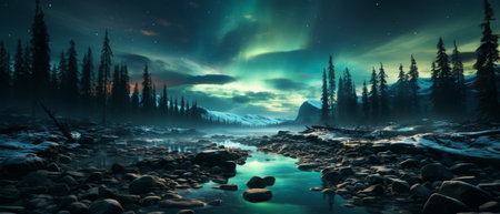 Enchanting Northern Lights dance above a tranquil snowy river landscape, framed by dark pines.の素材
