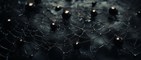 Close-up of a spooky black spider web with golden highlights and glistening dewdrops.の素材