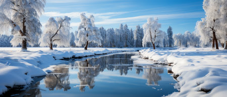 Serene winter landscape with river cutting through snow-covered trees under a clear blue sky.の素材