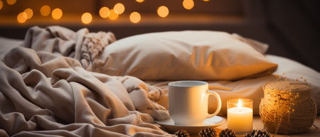 A tranquil setting with a lit candle and a warm mug on soft, plush bedding, evoking coziness.の素材