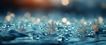 Delicate snowflakes with water droplets against a soft blue winter backdrop, highlighting the unique patterns of each crystalの素材