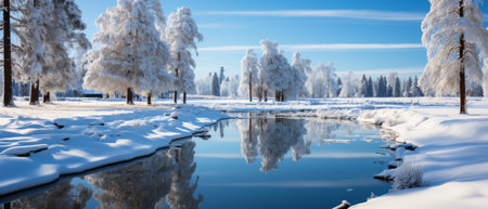 Serene winter landscape with river cutting through snow-covered trees under a clear blue sky.の素材