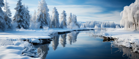 Serene winter landscape with river cutting through snow-covered trees under a clear blue sky.の素材