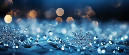 Delicate snowflakes with water droplets against a soft blue winter backdrop, highlighting the unique patterns of each crystalの素材