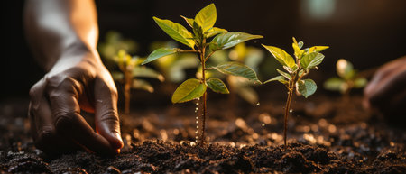 Close-up of young plants growing in rich, moist earth, cared for by human hands.の素材