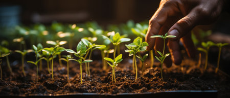Close-up of young plants growing in rich, moist earth, cared for by human hands.の素材
