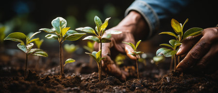 Close-up of young plants growing in rich, moist earth, cared for by human hands.の素材