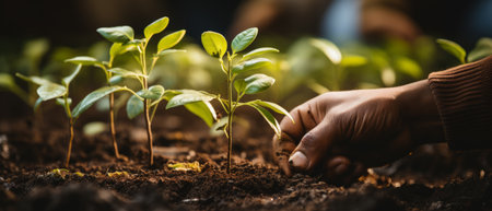 Close-up of young plants growing in rich, moist earth, cared for by human hands.の素材