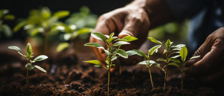 Close-up of young plants growing in rich, moist earth, cared for by human hands.の素材